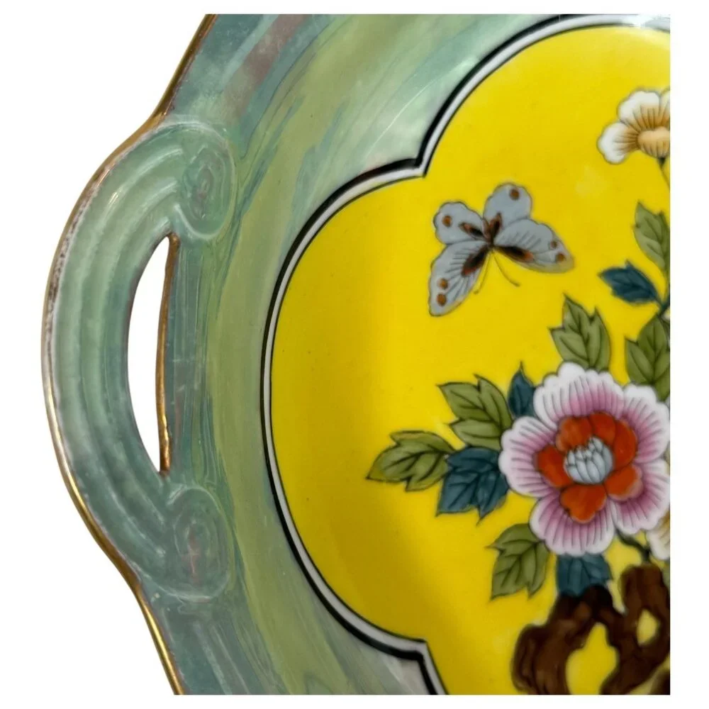 VTG Hand Painted Art‎ Deco Lustreware Bowl With Handles Butterfly Flower Japan